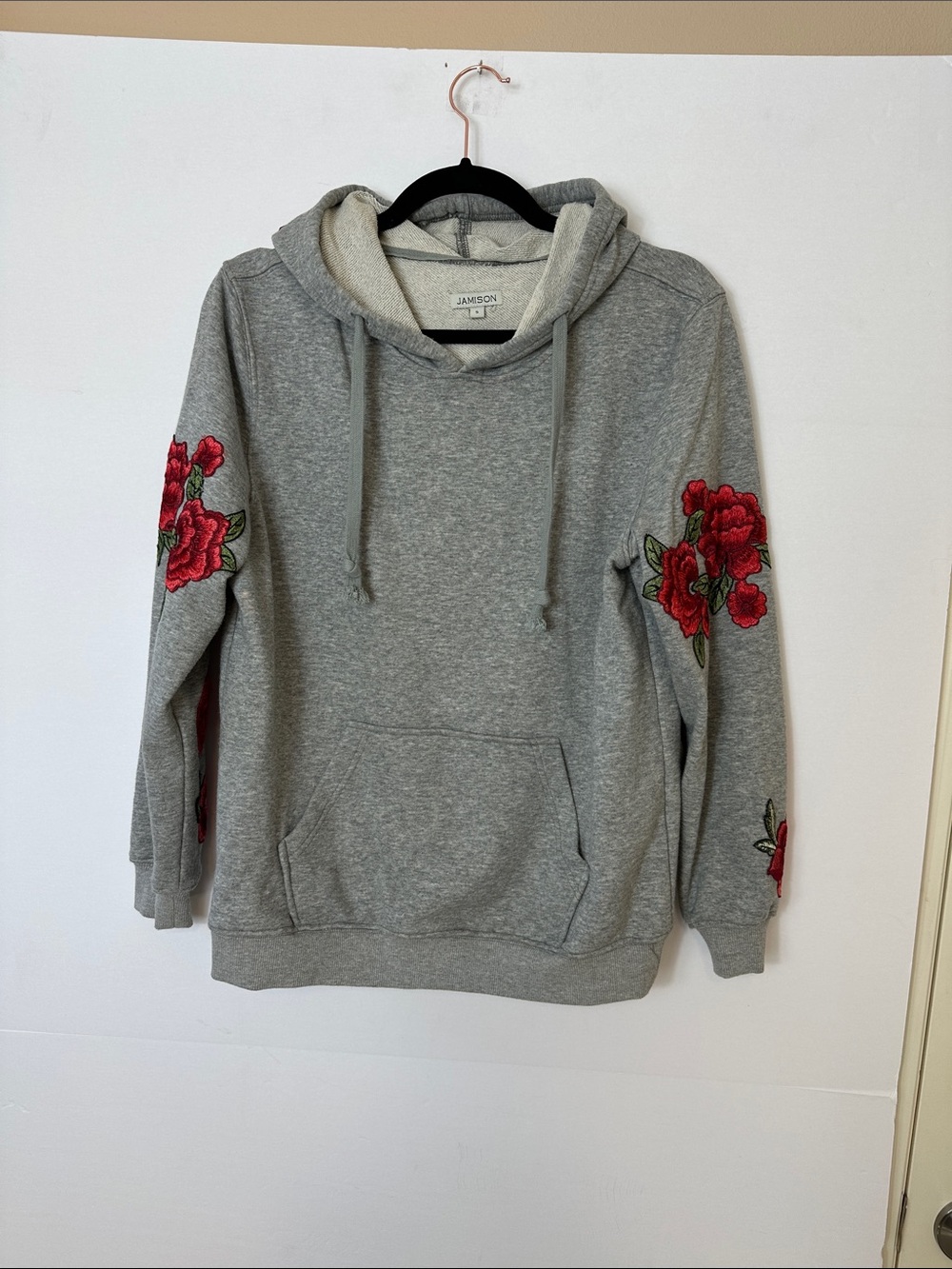 Jamison Gray Hoodie with Red Rose Sleeve Embroidery